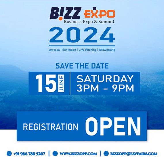 A colorful poster for the Bizzzopp Expo with the event name in bold text at the top. Below it are images representing startups, investors, and industry leaders. Dates and venue details are listed at the bottom.
