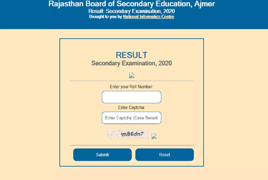 creenshot of the Rajasthan Board of Secondary Education website with a search bar for entering a roll number and captcha code to view results for the Secondary Examination .
