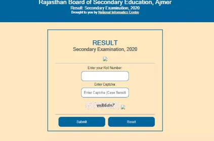 creenshot of the Rajasthan Board of Secondary Education website with a search bar for entering a roll number and captcha code to view results for the Secondary Examination .