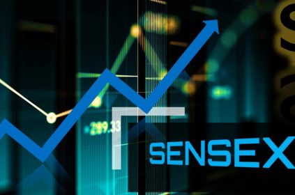 A blue chart with a line representing the Sensex rising steadily over time. The x-axis shows the date, and the y-axis shows the Sensex value. The title of the chart is "Sensex: Daily Movement."